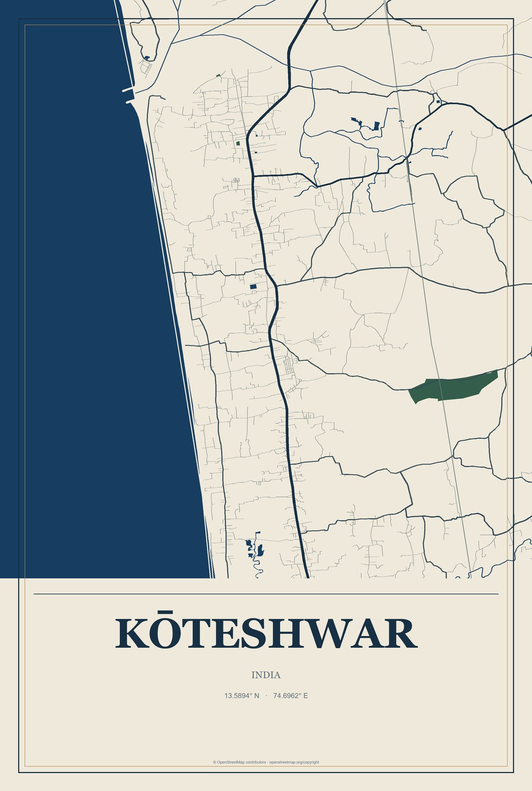 Kōteshwar, India City Map Aluminum Sign in Coastal Cutout style