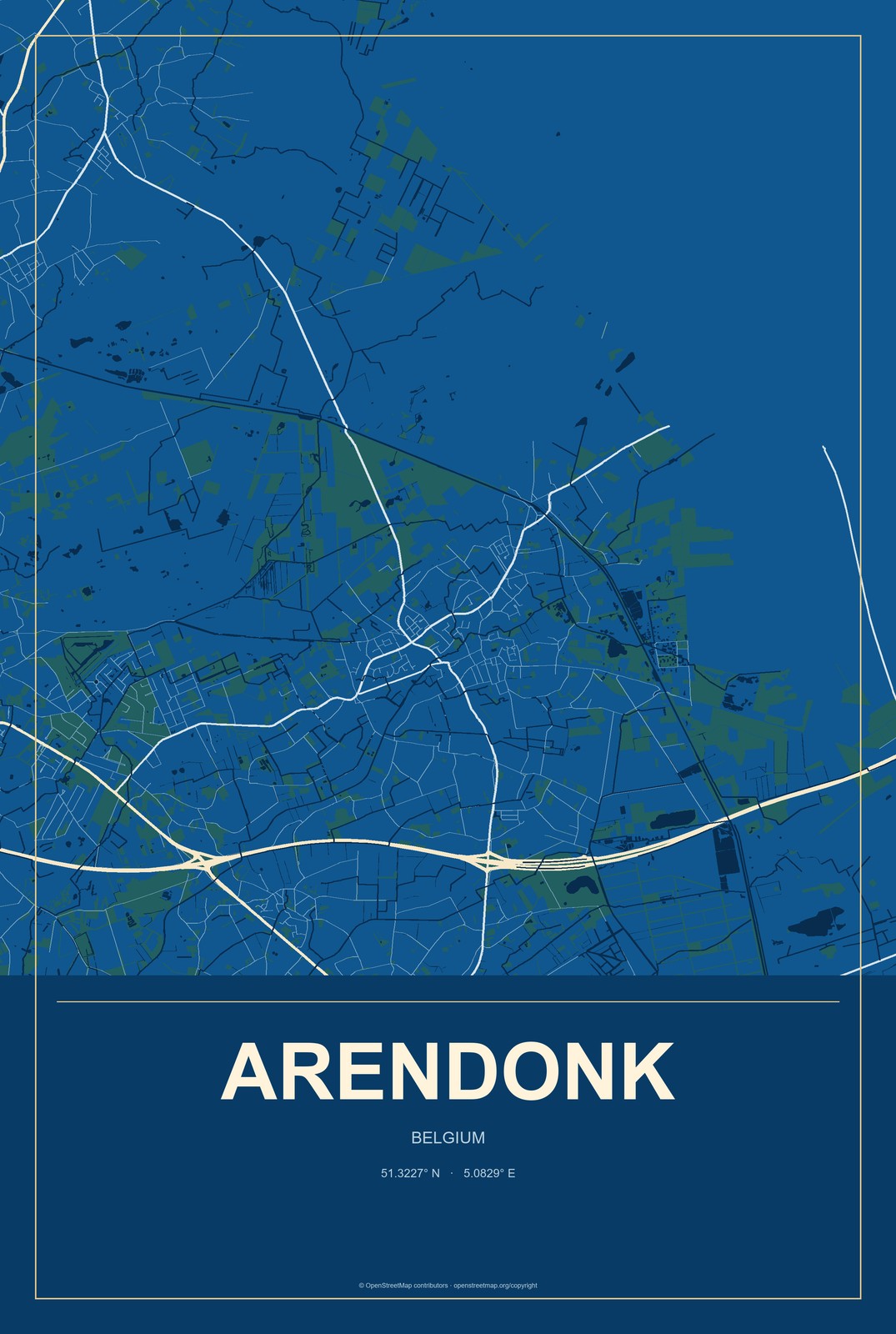 Arendonk, Belgium City Map Aluminum Sign in Harbor Cobalt style
