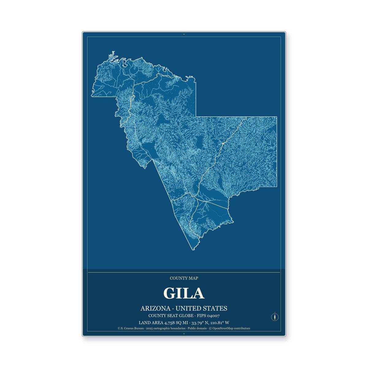 Gila County, Arizona Map Aluminum Sign in Harbor Cobalt style