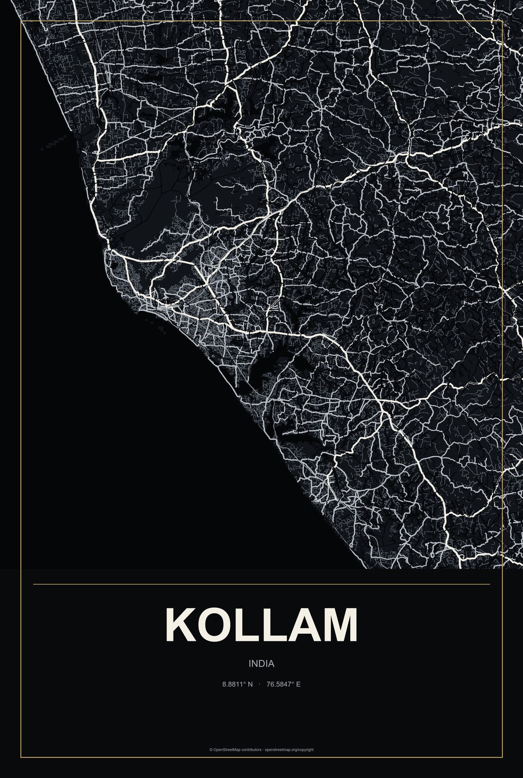 Kollam, India City Map Aluminum Sign in Metropolitan Noir style