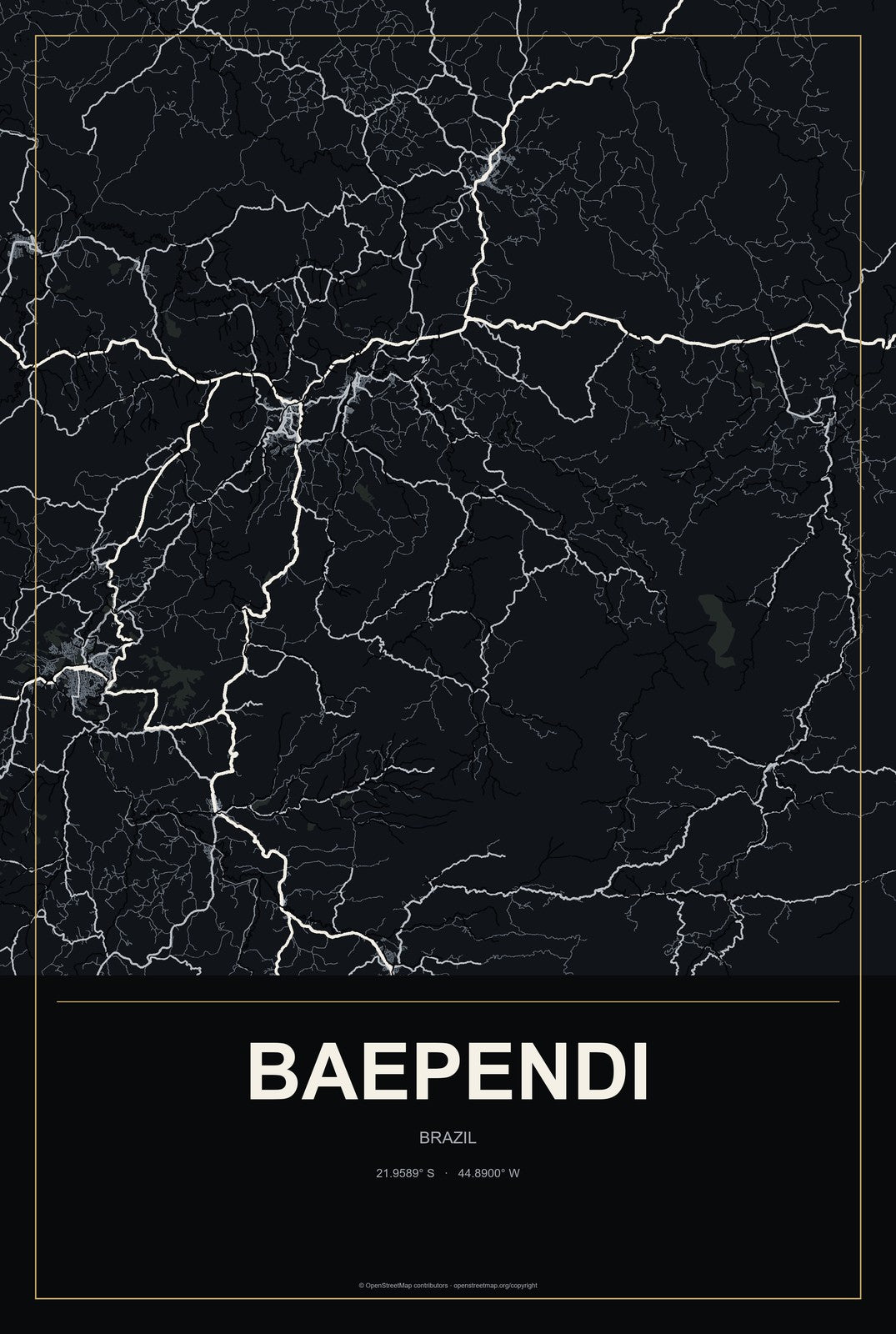 Baependi, Brazil City Map Aluminum Sign in Metropolitan Noir style