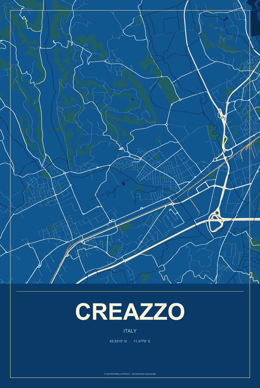 Creazzo, Italy City Map Aluminum Sign in Harbor Cobalt style