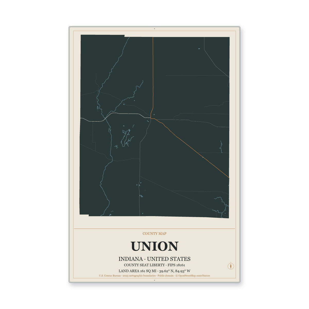 Union County, Indiana Map Aluminum Sign in Headline Atlas style