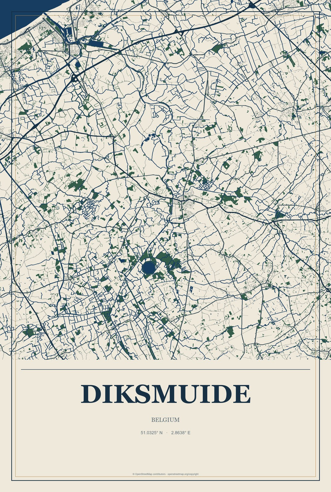 Diksmuide, Belgium City Map Aluminum Sign in Coastal Cutout style
