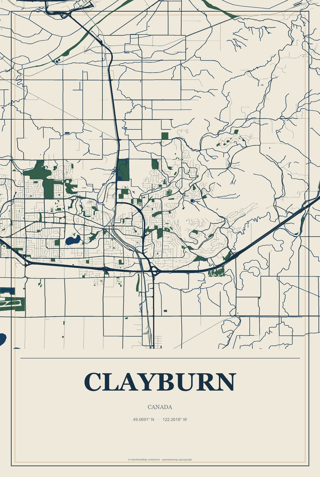 Clayburn, Canada City Map Aluminum Sign in Coastal Cutout style