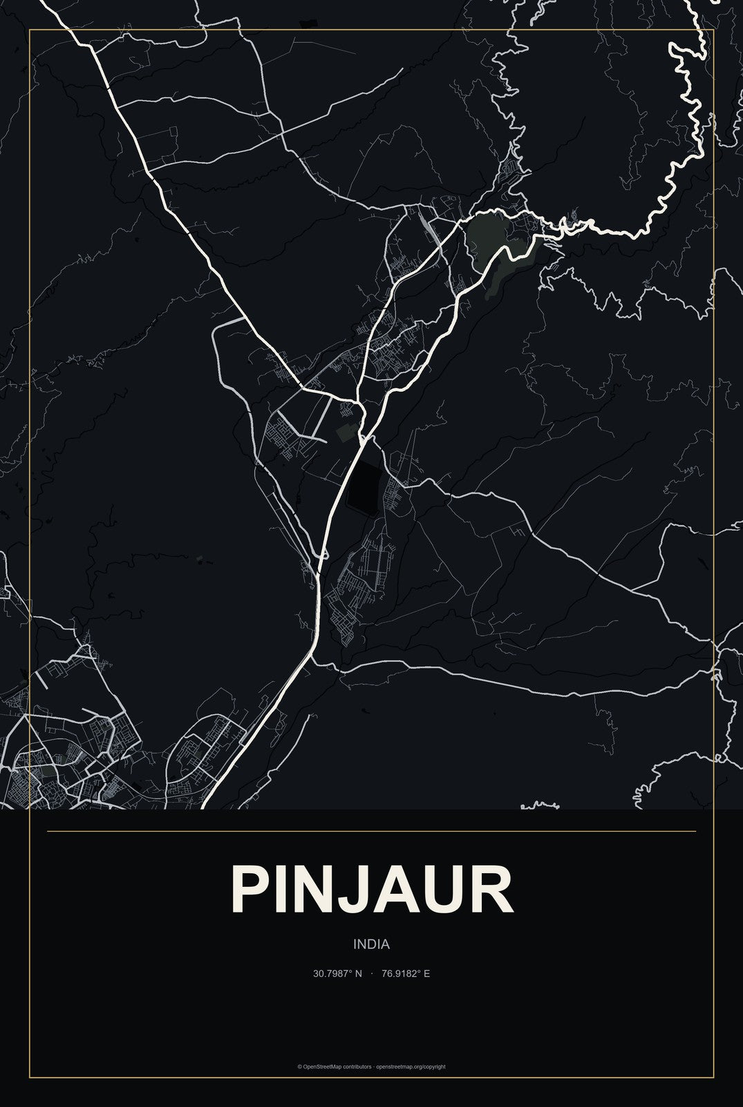 Pinjaur, India City Map Aluminum Sign in Metropolitan Noir style