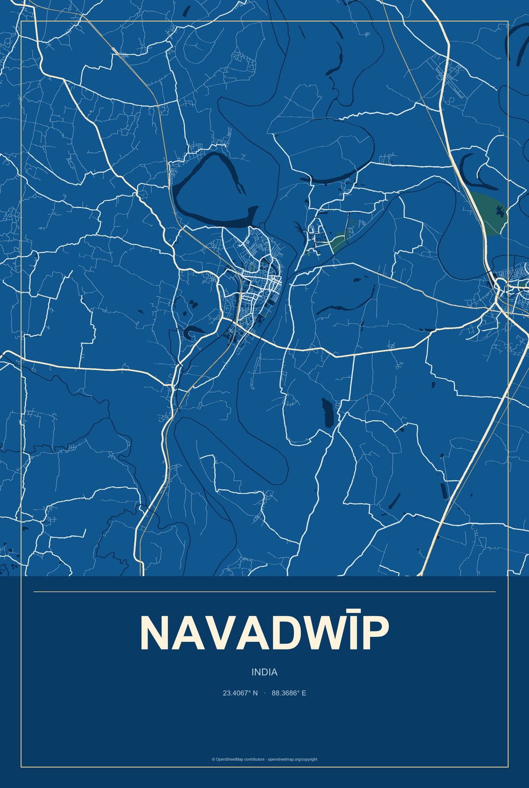 Navadwīp, India City Map Aluminum Sign in Harbor Cobalt style