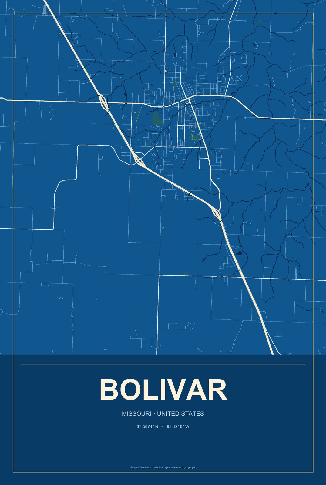 Bolivar, Missouri City Map Aluminum Sign in Harbor Cobalt style