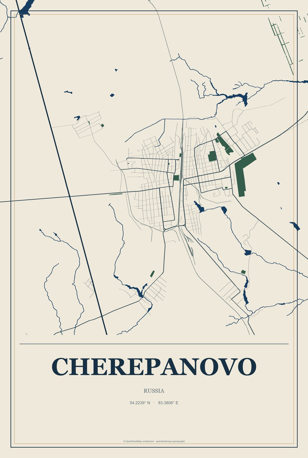 Cherepanovo, Russia City Map Aluminum Sign in Coastal Cutout style