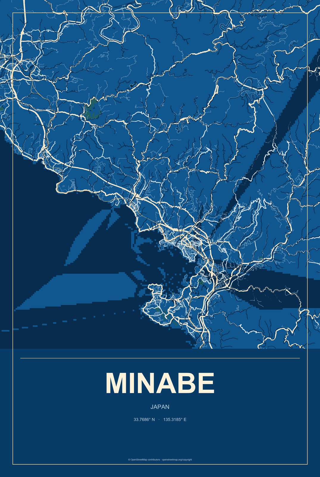 Minabe, Japan City Map Aluminum Sign in Harbor Cobalt style