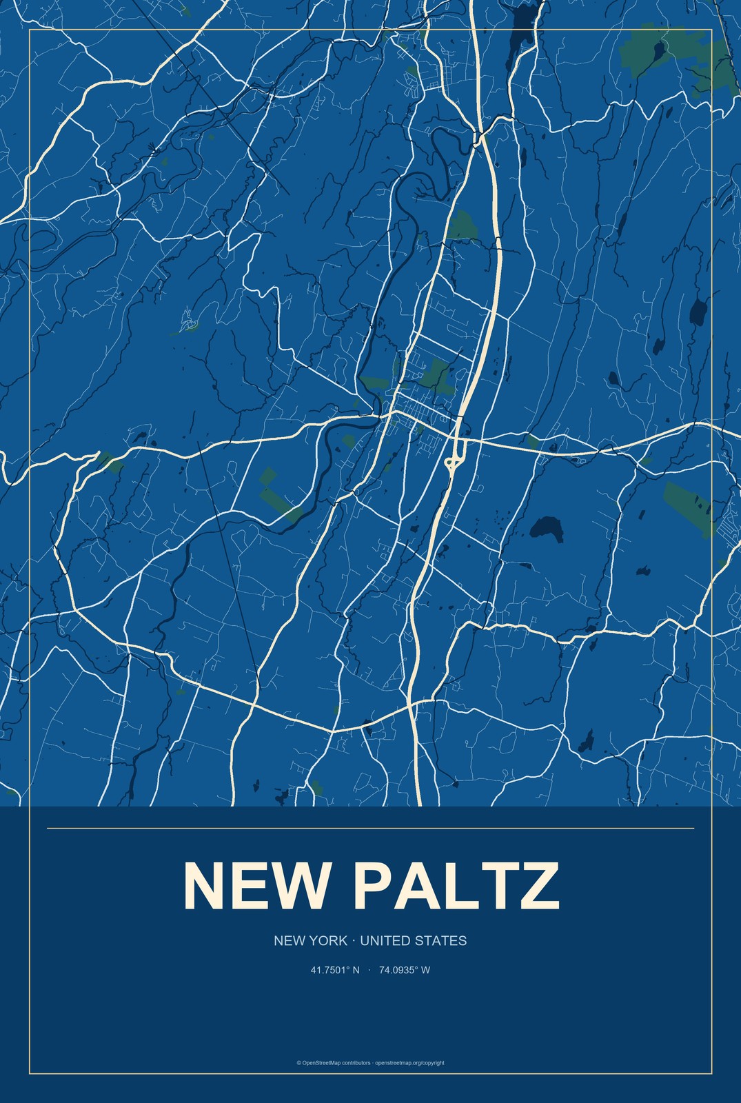 New Paltz, New York City Map Aluminum Sign in Harbor Cobalt style