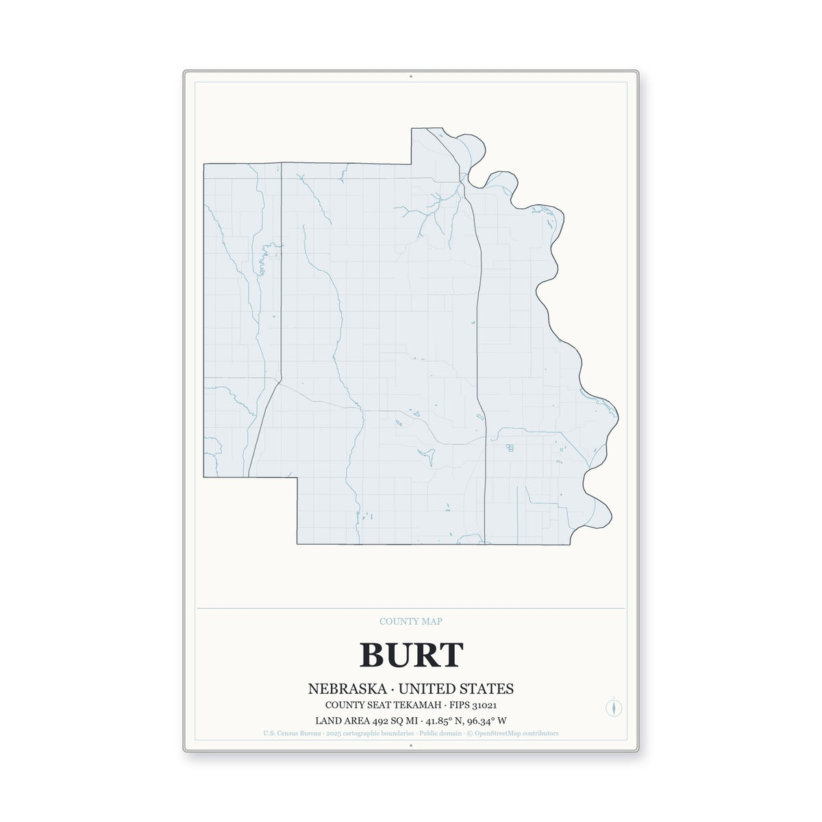 Burt County, Nebraska Map Aluminum Sign in Gallery Air style