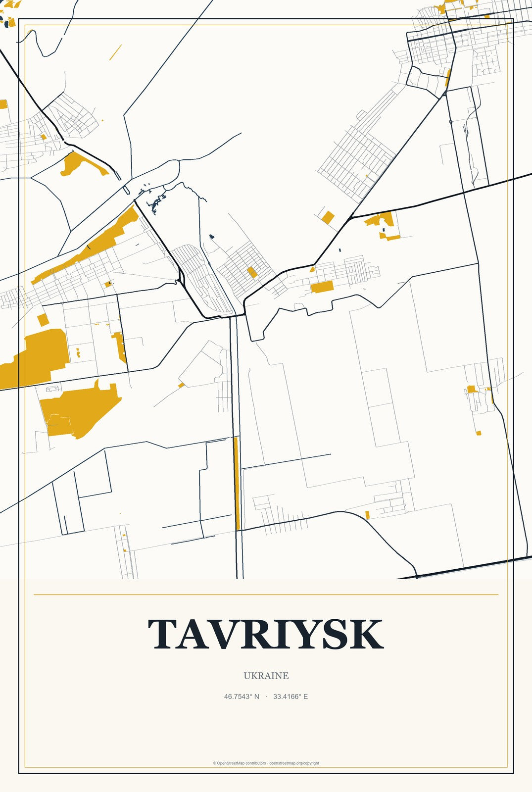 Tavriysk, Ukraine City Map Aluminum Sign in Citrine Modern style