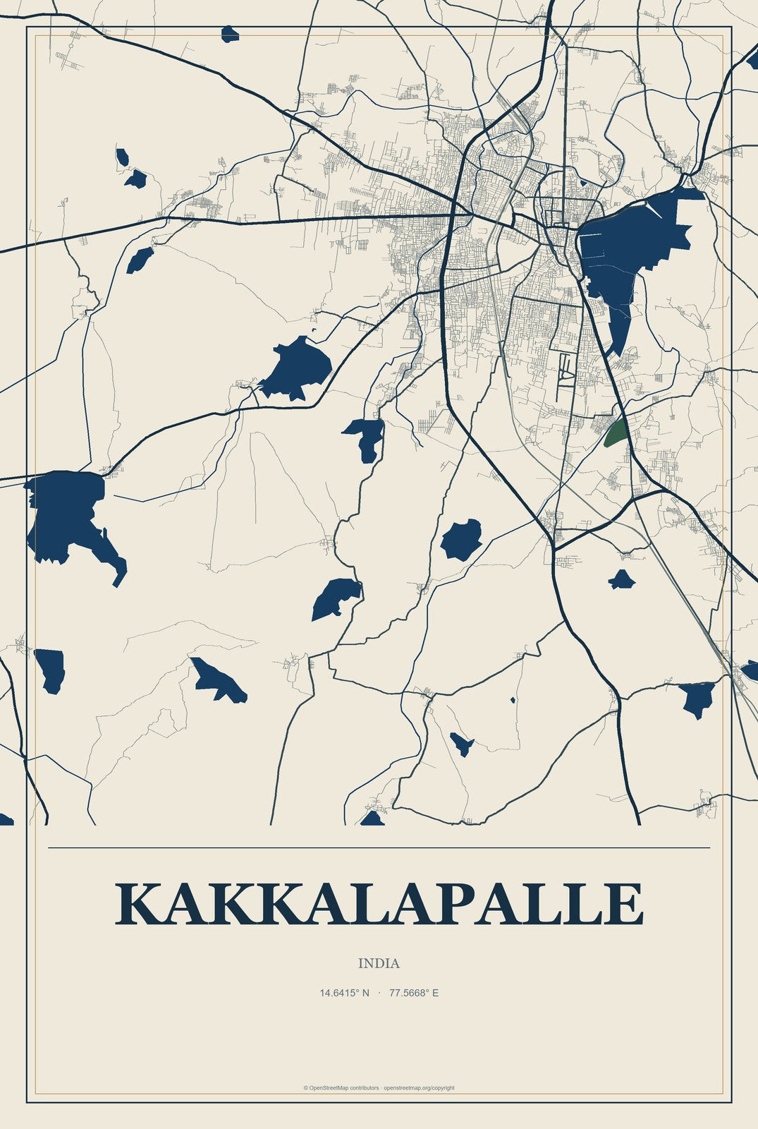 Kakkalapalle, India City Map Aluminum Sign in Coastal Cutout style