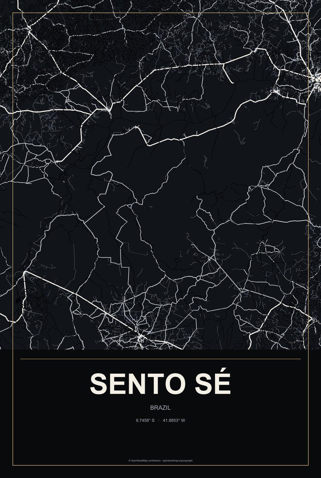 Sento Sé, Brazil City Map Aluminum Sign in Metropolitan Noir style