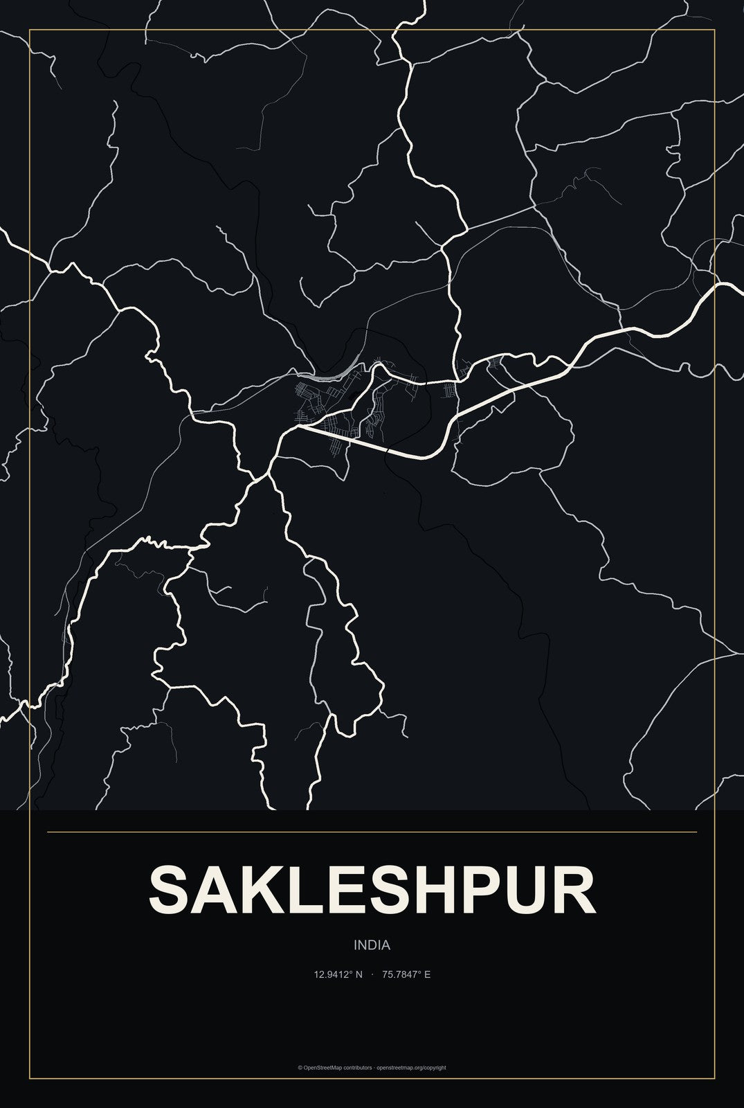 Sakleshpur, India City Map Aluminum Sign in Metropolitan Noir style