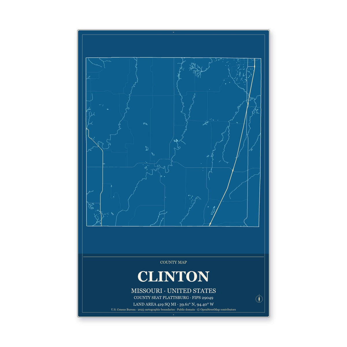Clinton County, Missouri Map Aluminum Sign in Harbor Cobalt style