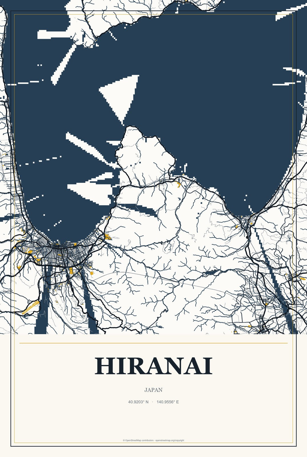 Hiranai, Japan City Map Aluminum Sign in Citrine Modern style