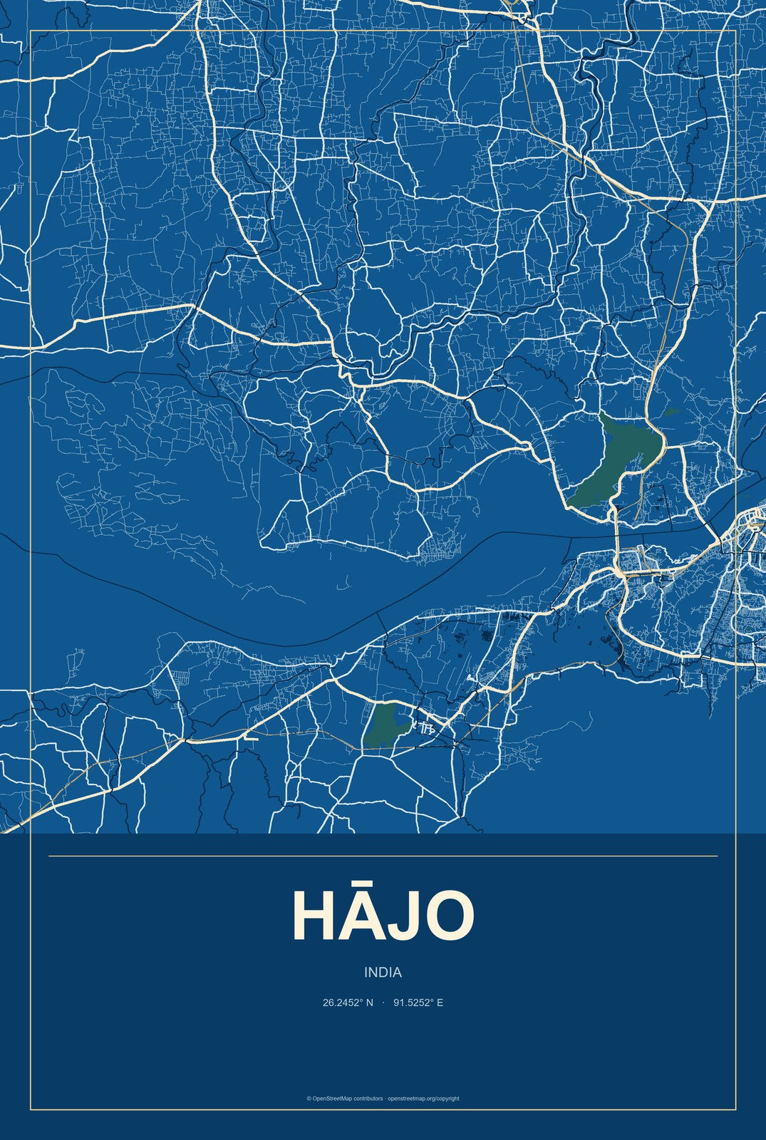 Hājo, India City Map Aluminum Sign in Harbor Cobalt style