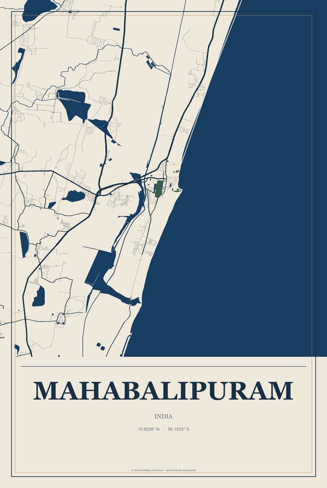 Mahabalipuram, India City Map Aluminum Sign in Coastal Cutout style