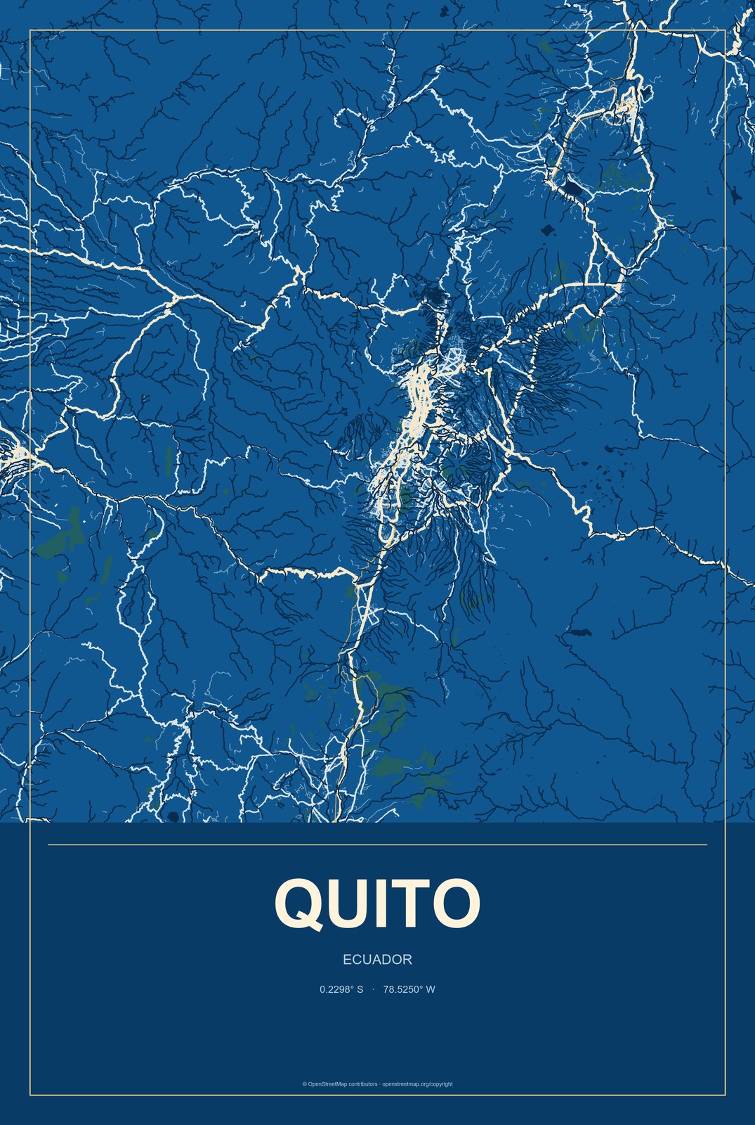 Quito, Ecuador City Map Aluminum Sign in Harbor Cobalt style