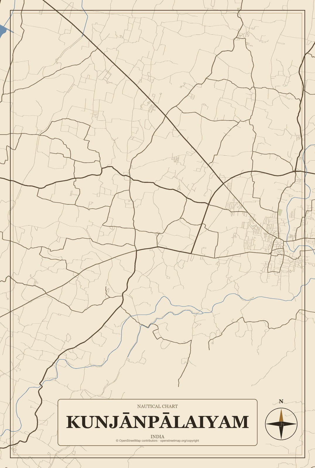 Kunjānpālaiyam, India City Map Aluminum Sign in Heritage Nautical style