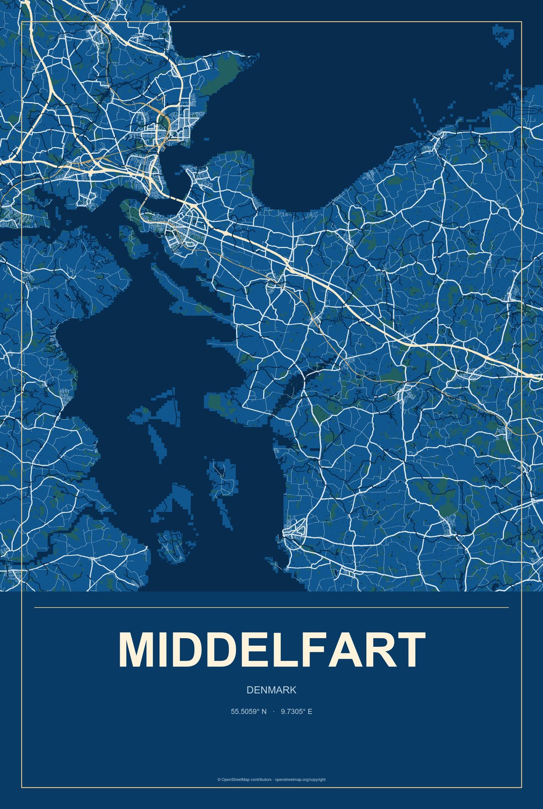Middelfart, Denmark City Map Aluminum Sign in Harbor Cobalt style