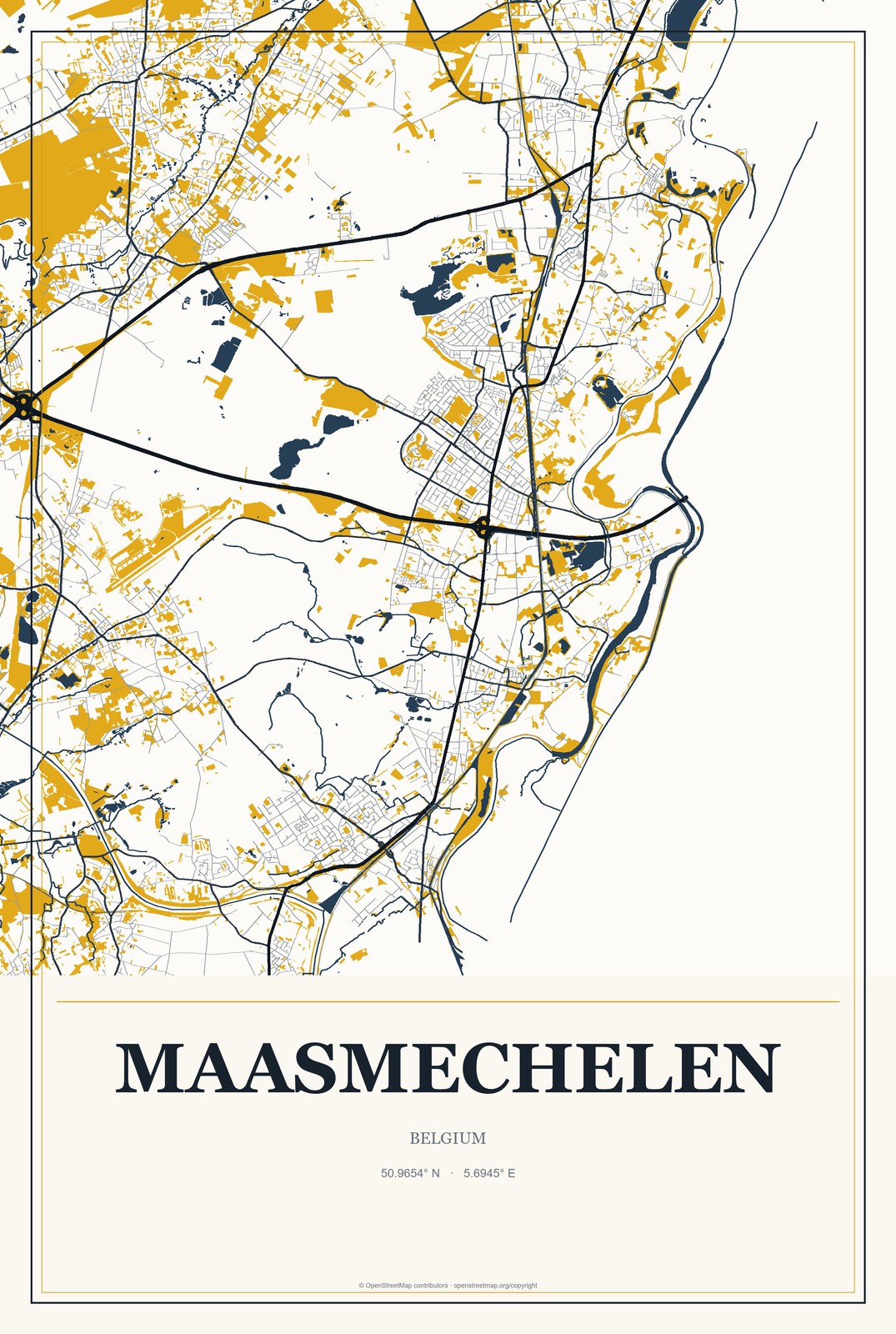 Maasmechelen, Belgium City Map Aluminum Sign in Citrine Modern style