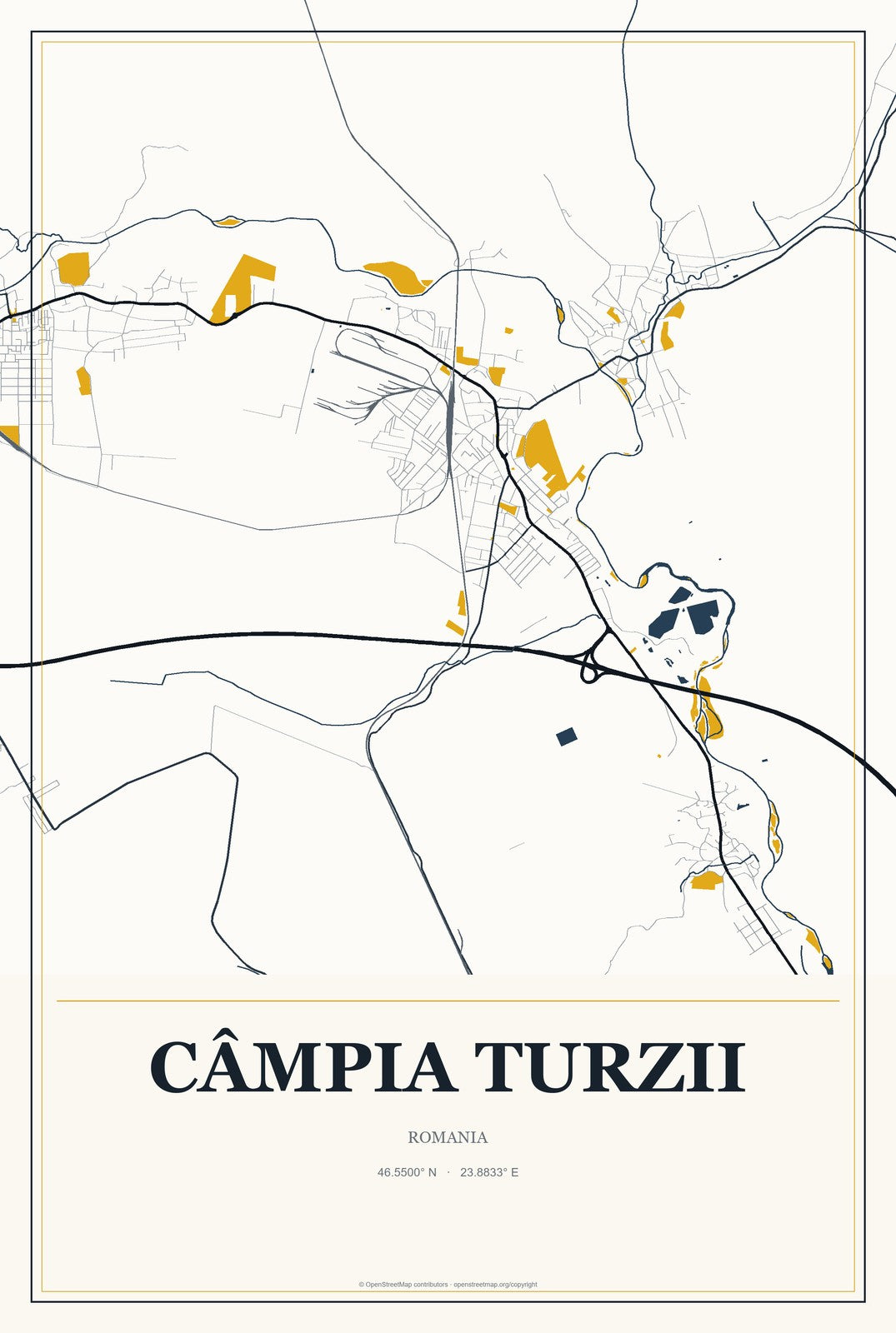 Câmpia Turzii, Romania City Map Aluminum Sign in Citrine Modern style