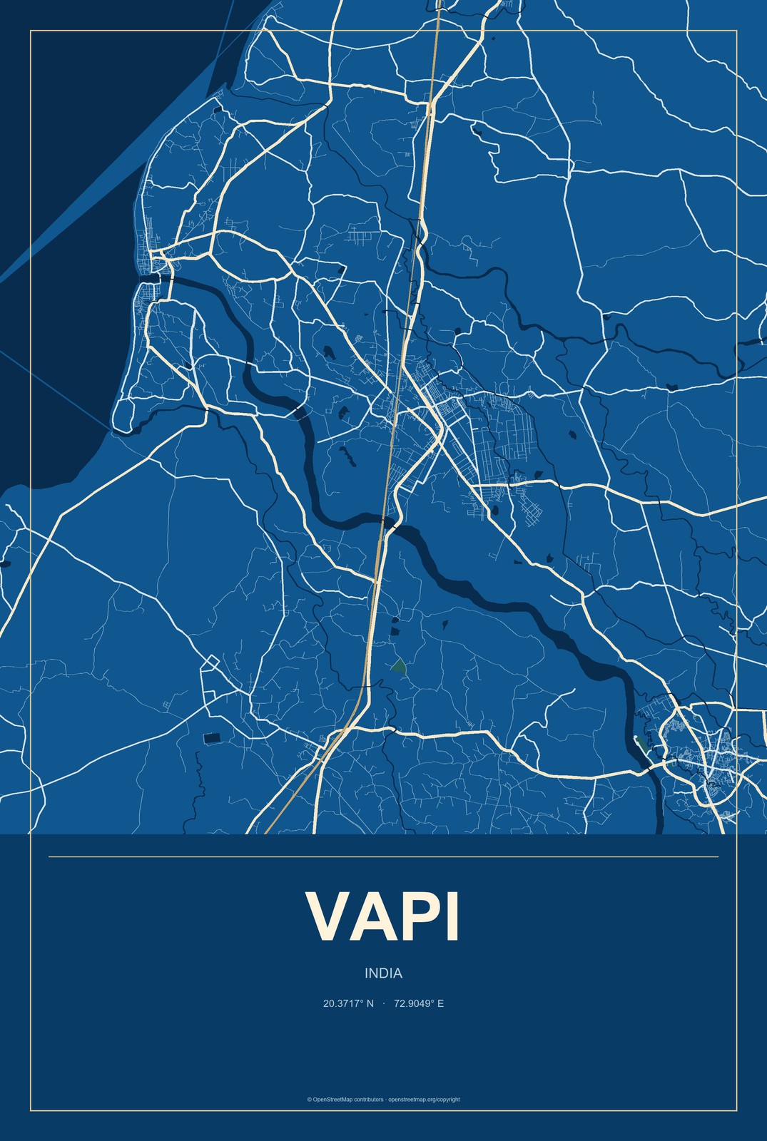 Vapi, India City Map Aluminum Sign in Harbor Cobalt style
