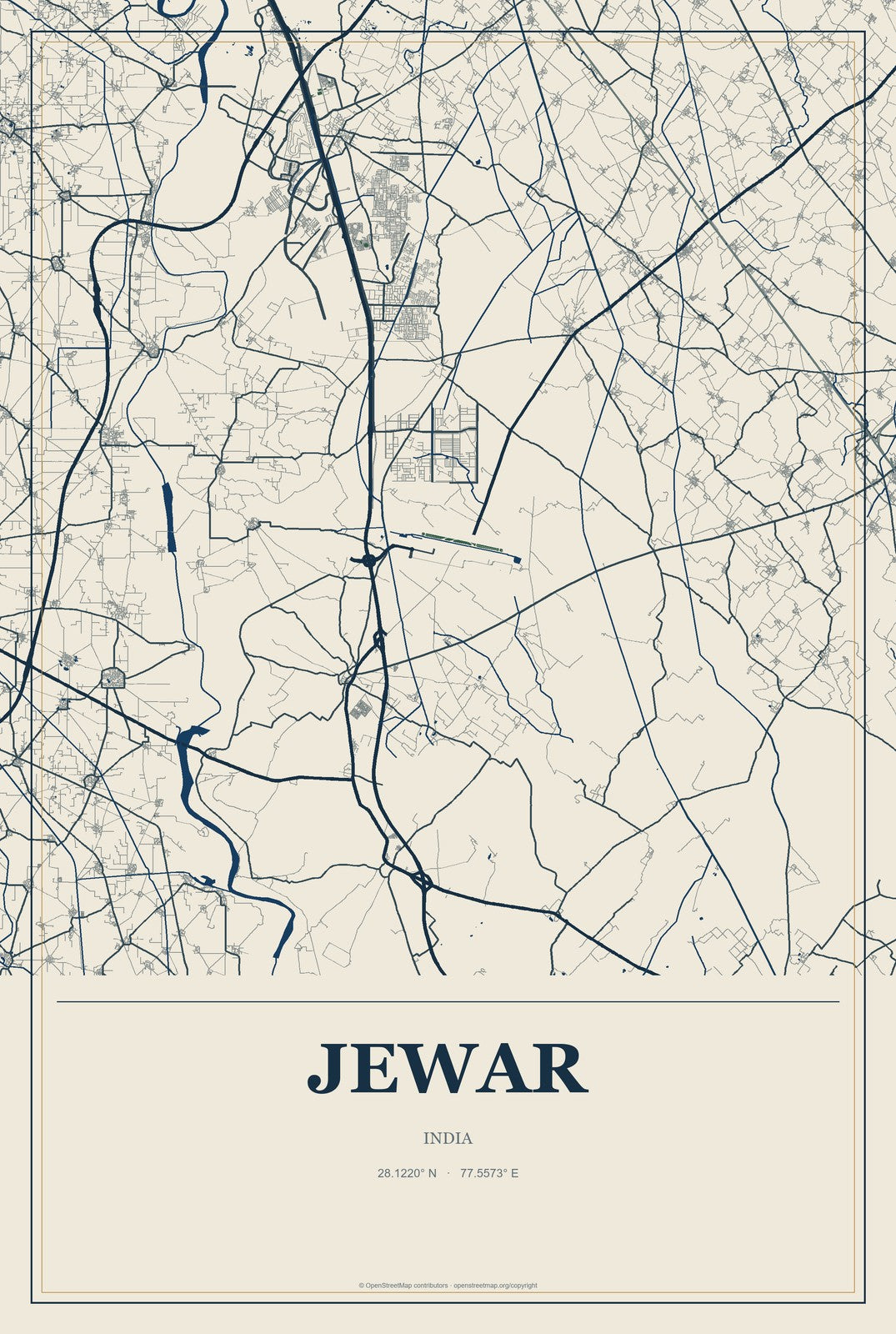 Jewar, India City Map Aluminum Sign in Coastal Cutout style