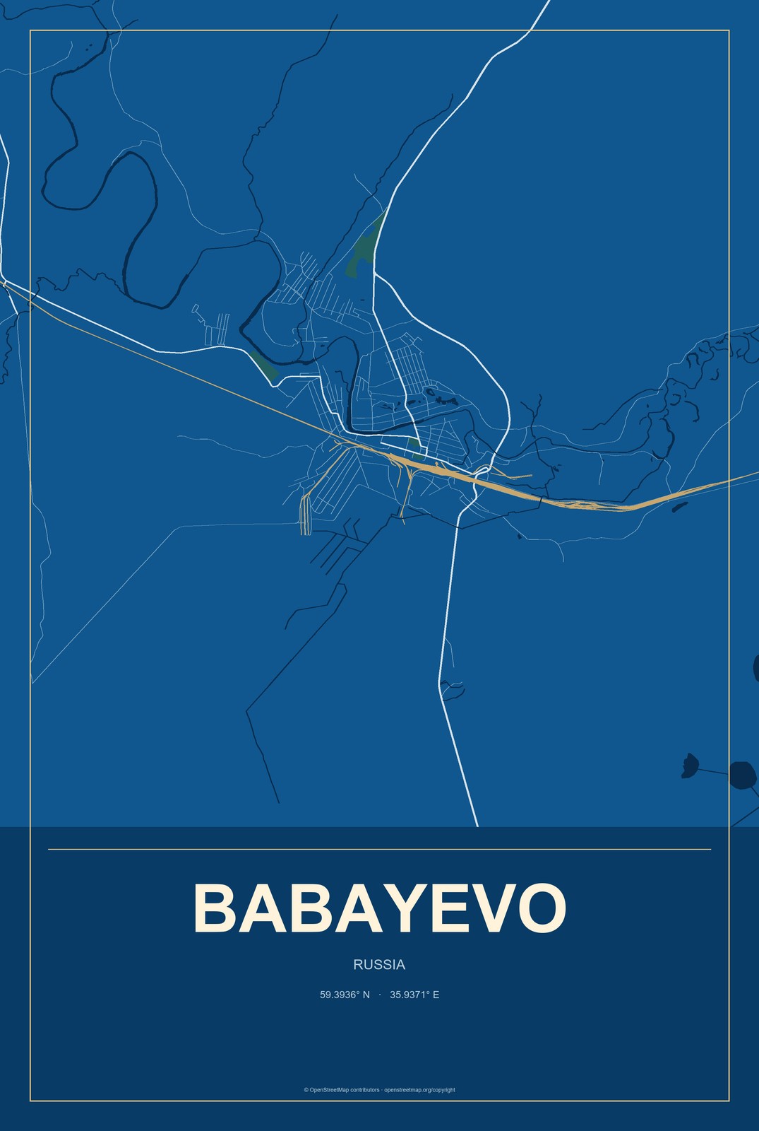 Babayevo, Russia City Map Aluminum Sign in Harbor Cobalt style