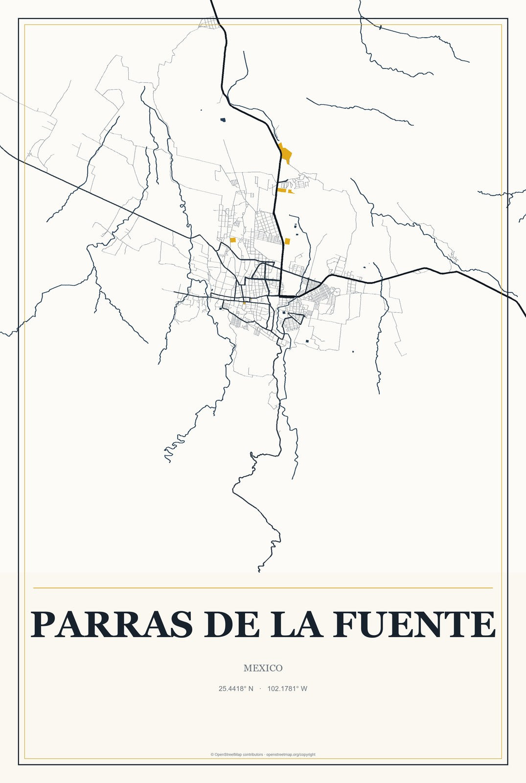 Parras de la Fuente, Mexico City Map Aluminum Sign in Citrine Modern style