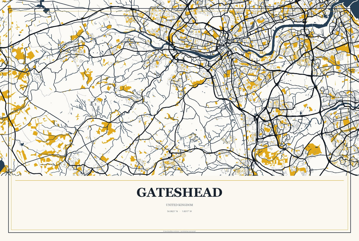 Gateshead, United Kingdom City Map Aluminum Sign in Citrine Modern style