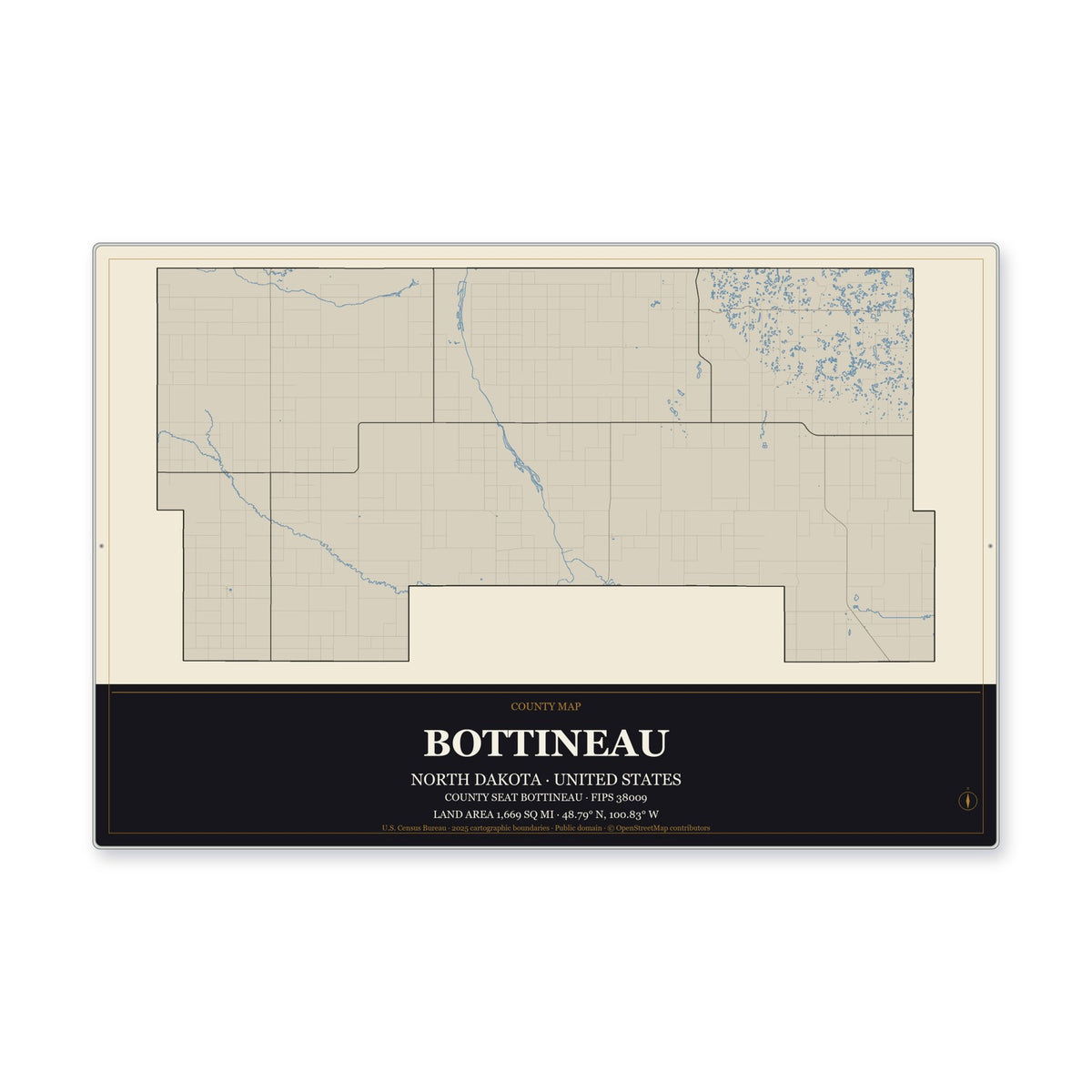 Bottineau County, North Dakota Map Aluminum Sign in Museum Plaque style