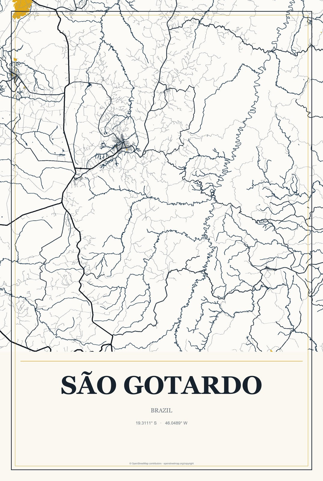 São Gotardo, Brazil City Map Aluminum Sign in Citrine Modern style