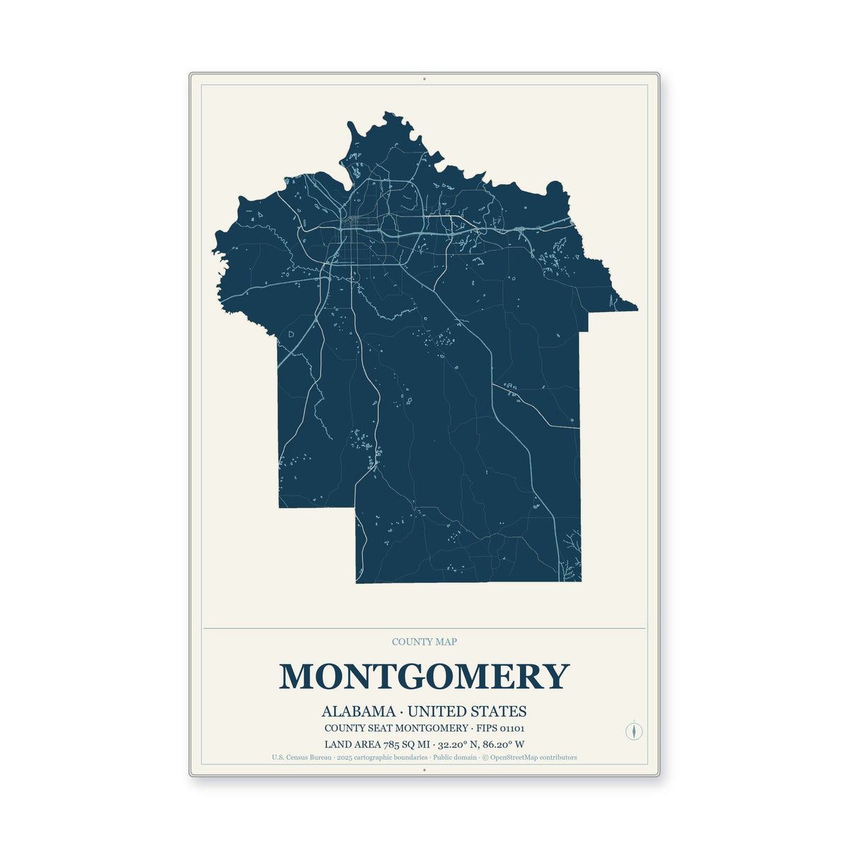 Montgomery County, Alabama Map Aluminum Sign in Coastal Cutout style
