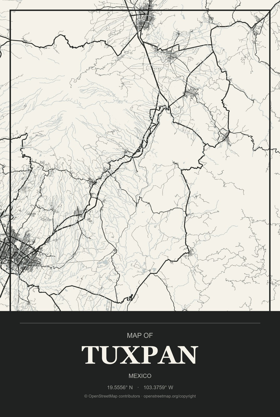 Tuxpan, Jalisco, Mexico City Map Aluminum Sign in Museum Plaque style
