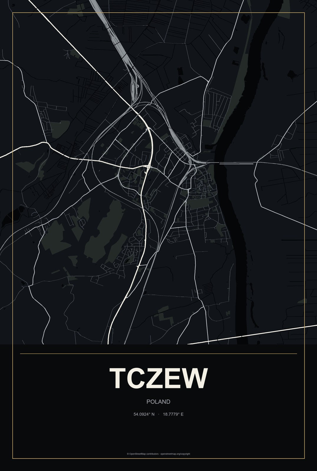 Tczew, Poland City Map Aluminum Sign in Metropolitan Noir style