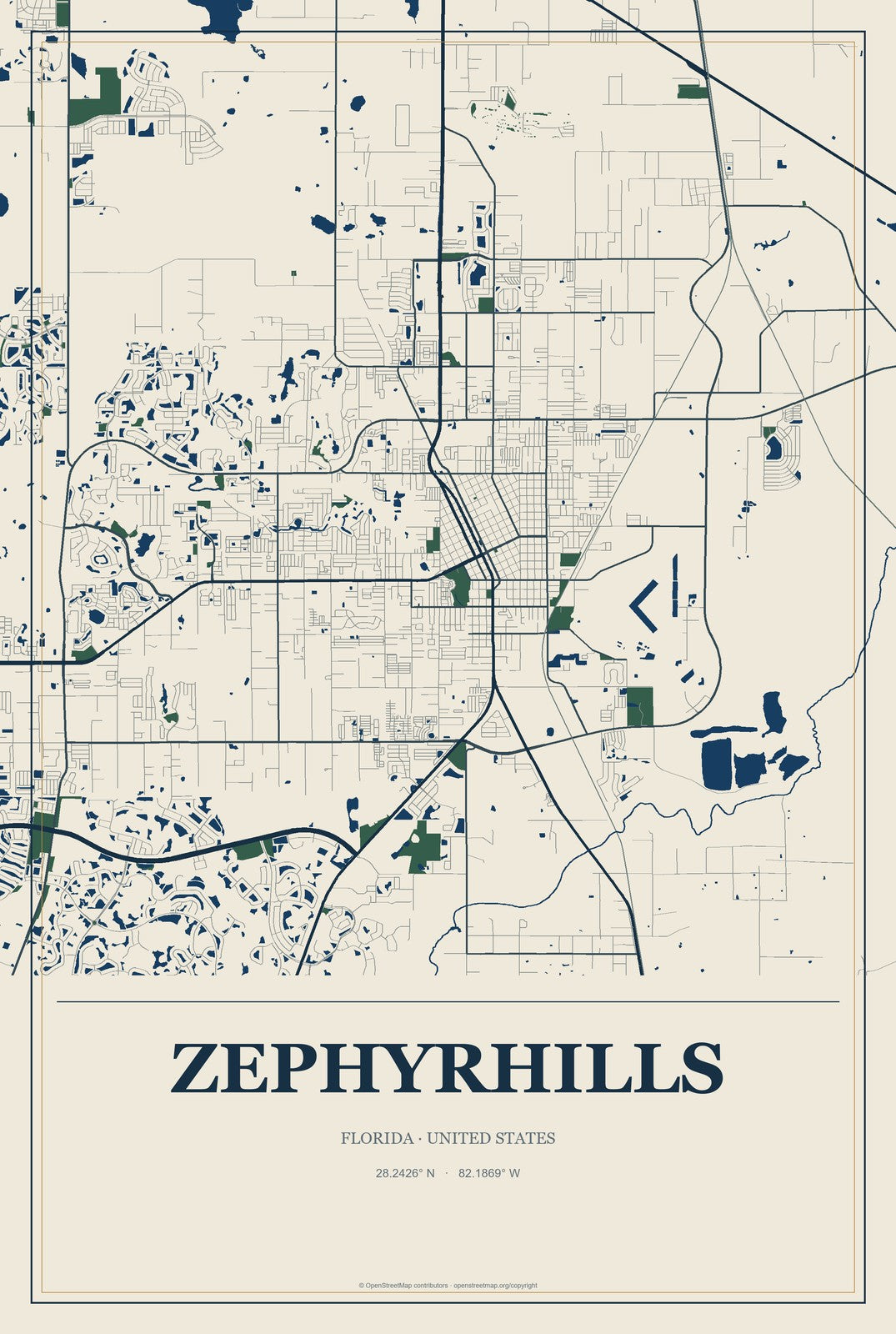 Zephyrhills, Florida City Map Aluminum Sign in Coastal Cutout style