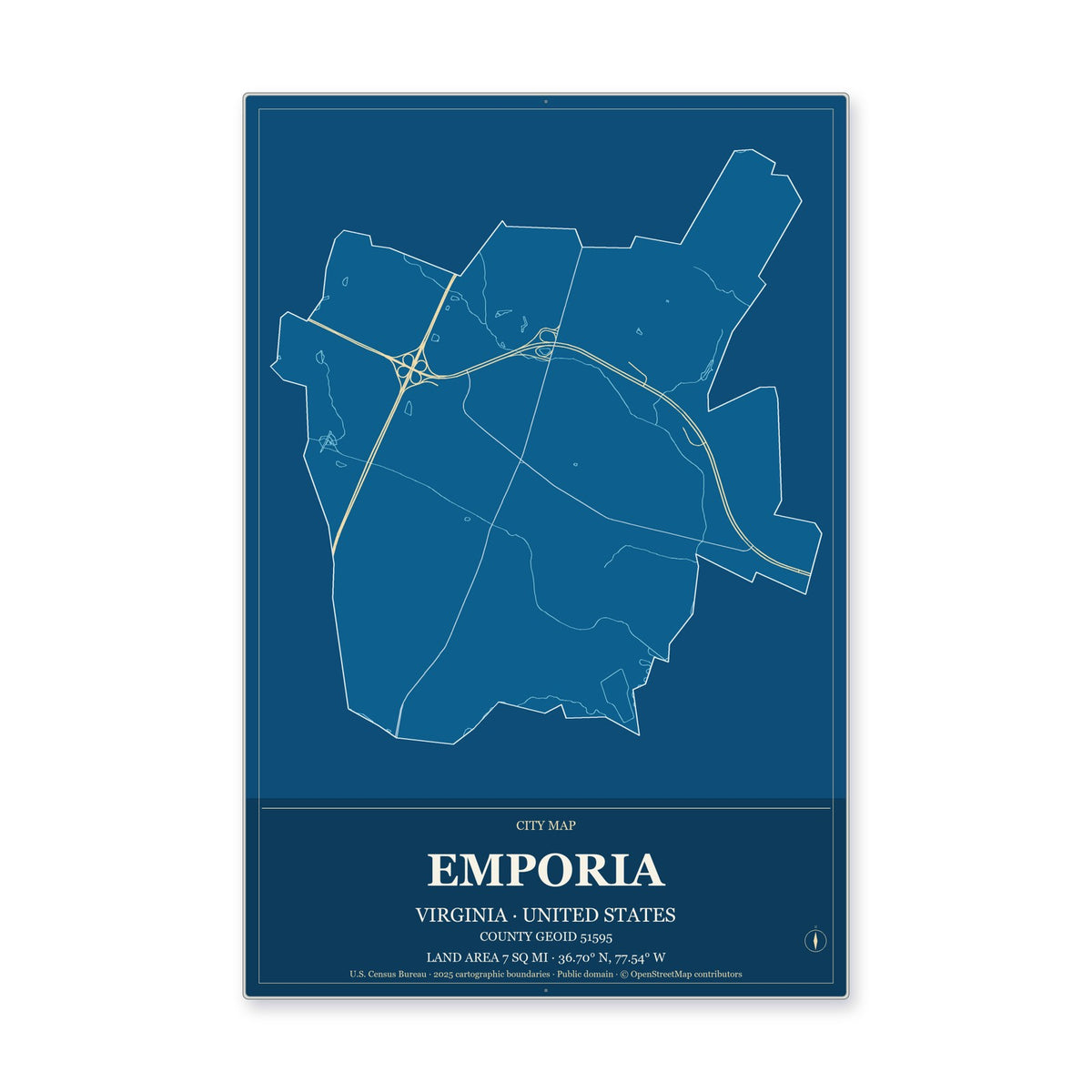 Emporia city, Virginia Map Aluminum Sign in Harbor Cobalt style
