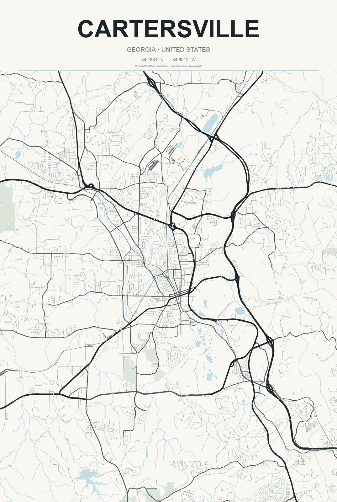 Cartersville, Georgia City Map Aluminum Sign in Headline Atlas style
