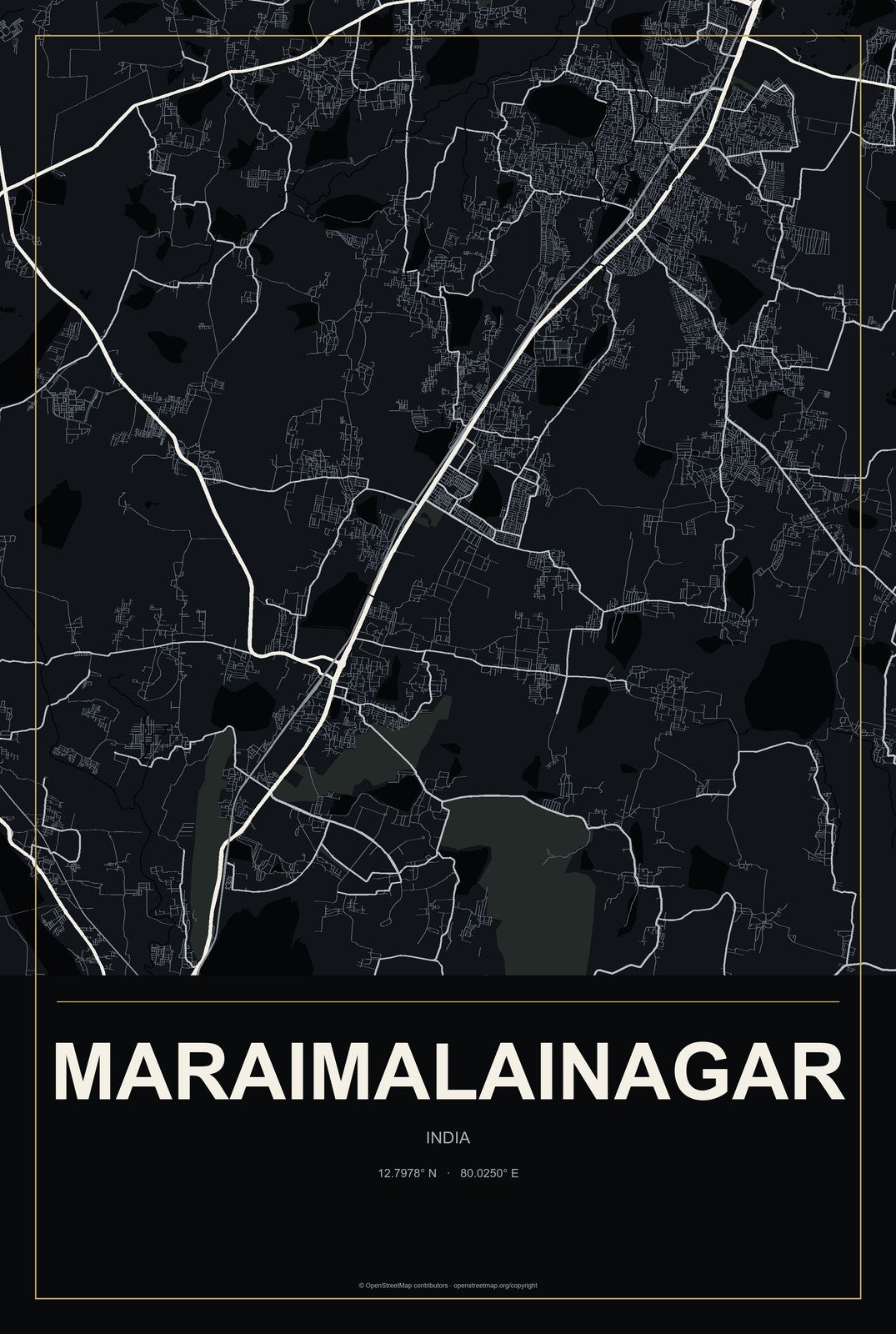 Maraimalainagar, India City Map Aluminum Sign in Metropolitan Noir style