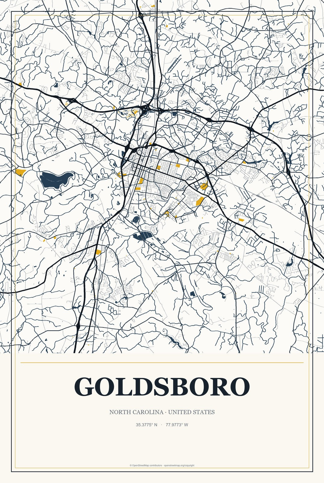 Goldsboro, North Carolina City Map Aluminum Sign in Citrine Modern style