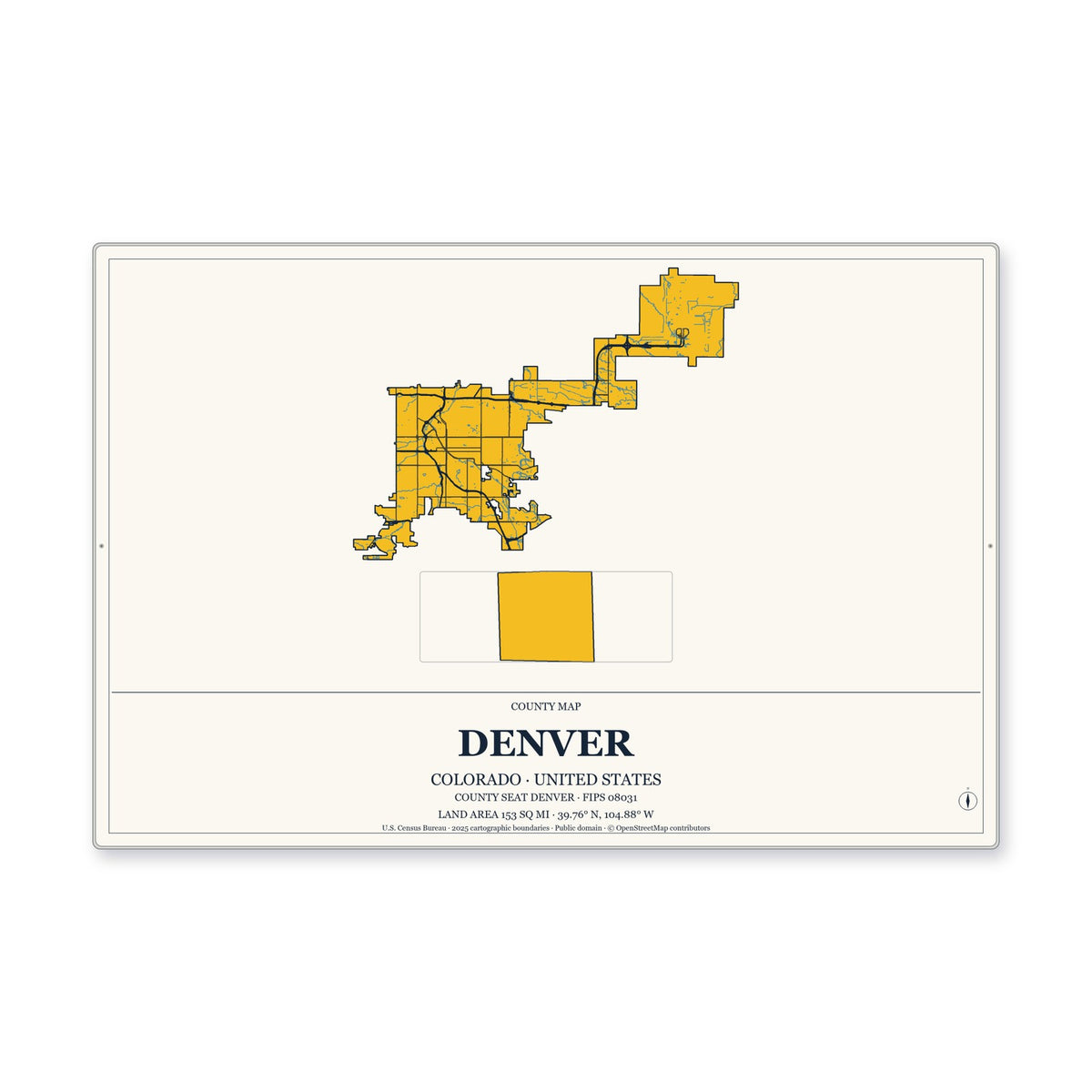 Denver County, Colorado Map Aluminum Sign in Citrine Modern style