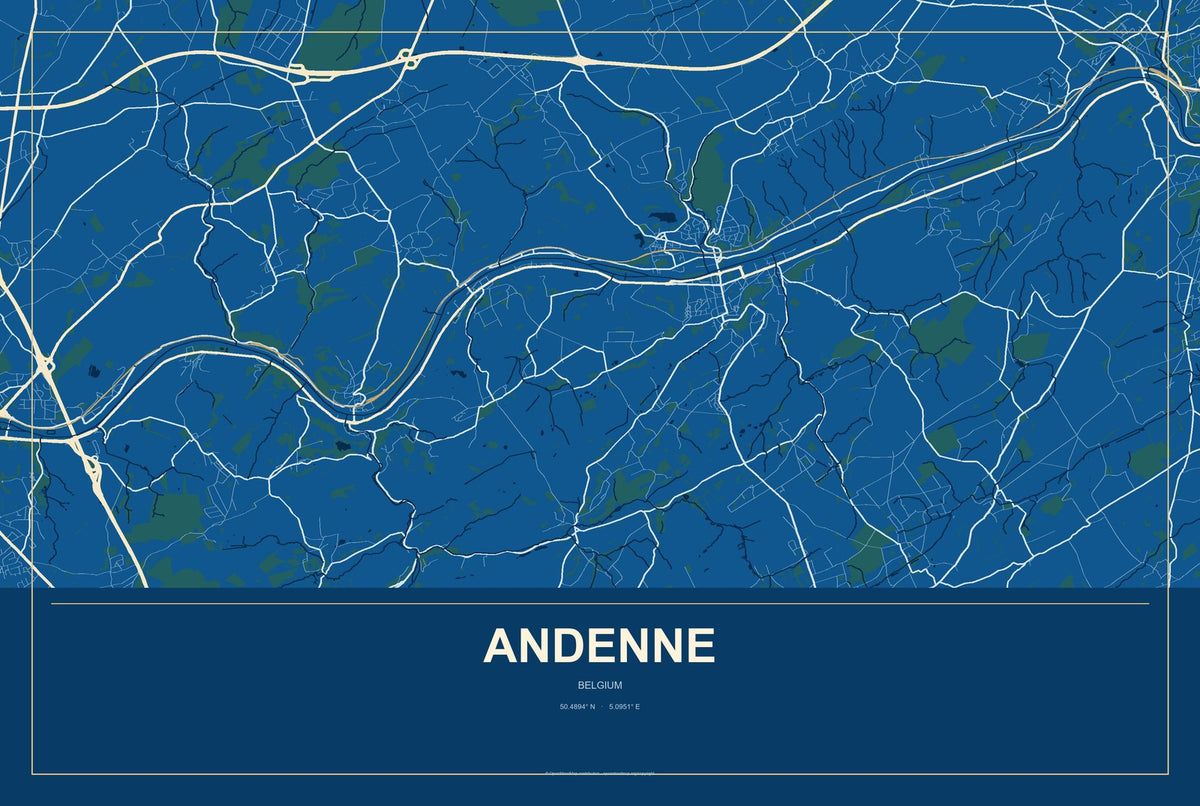 Andenne, Belgium City Map Aluminum Sign in Harbor Cobalt style