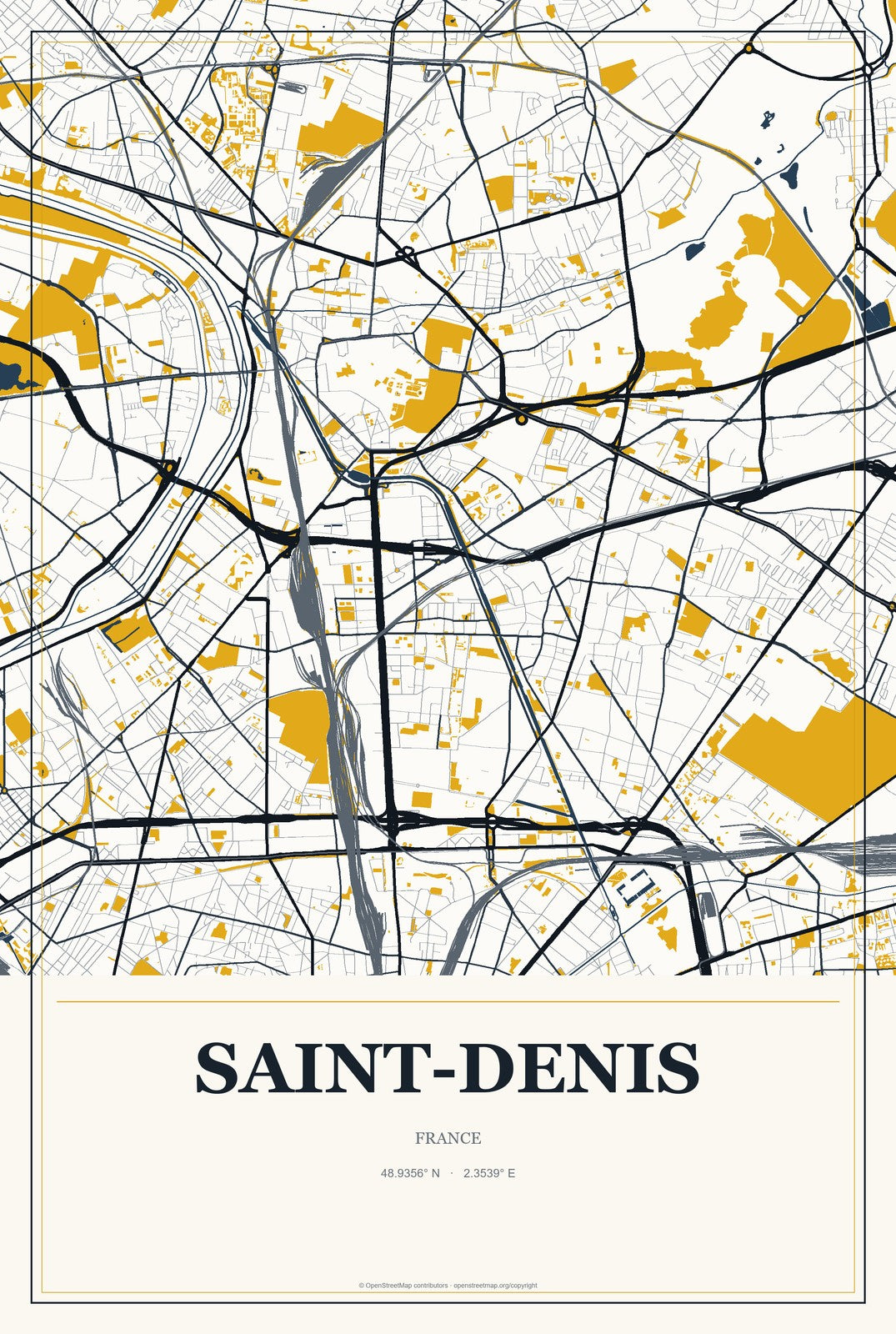 Saint-Denis, France City Map Aluminum Sign in Citrine Modern style