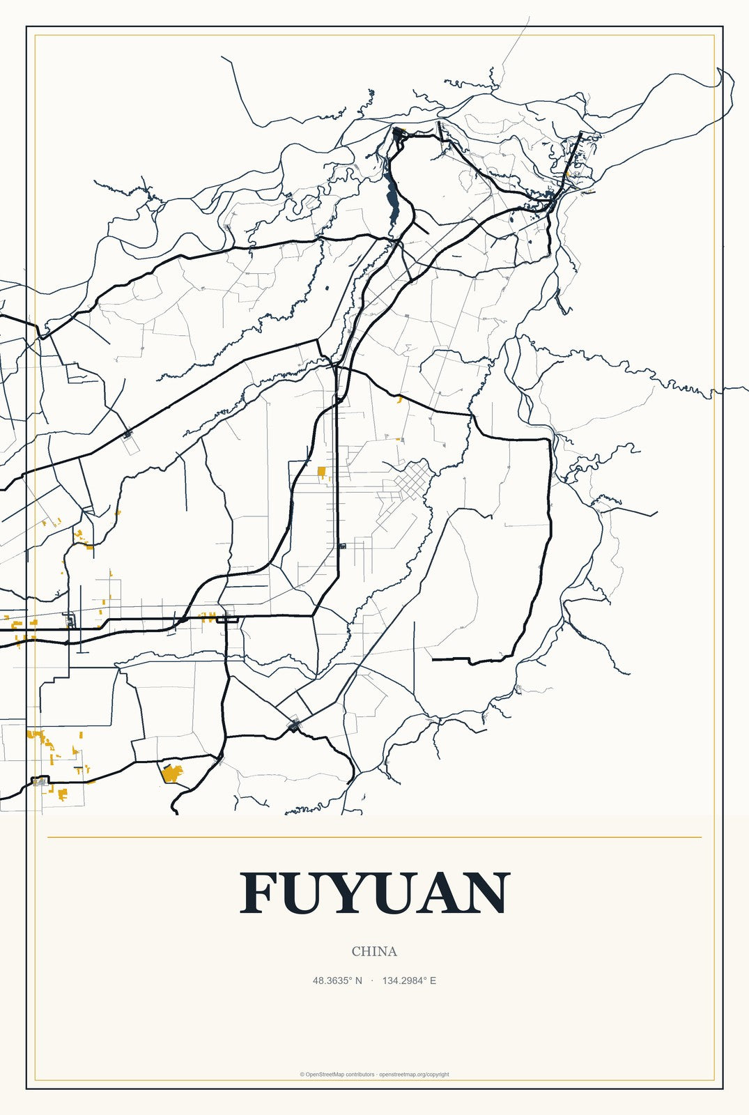 Fuyuan, China City Map Aluminum Sign in Citrine Modern style