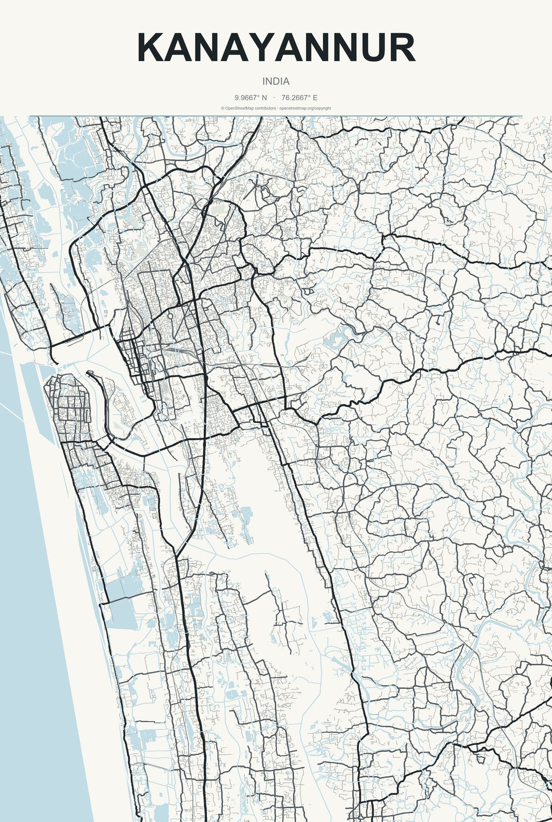 Kanayannur, India City Map Aluminum Sign in Headline Atlas style