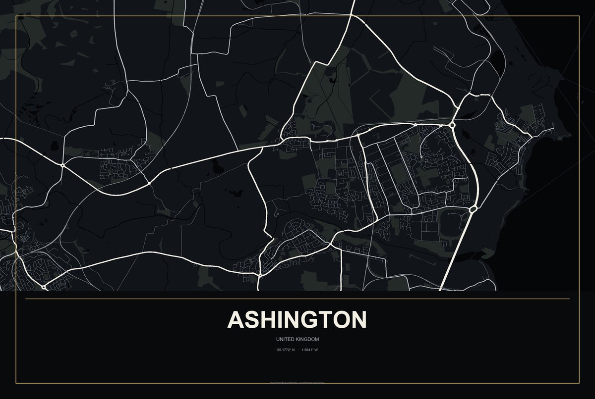 Ashington, United Kingdom City Map Aluminum Sign in Metropolitan Noir style